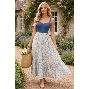 Band of Gypsies Denim Floral Tiered Maxi Dress XS Y2K / Cottagecore / Gunne Sax